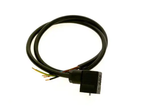 Schwarzes Kabel mit Anschlussstecker und mehreren Drähten in verschiedenen Farben. Komponente von Bosch zur elektrischen Verbindung.